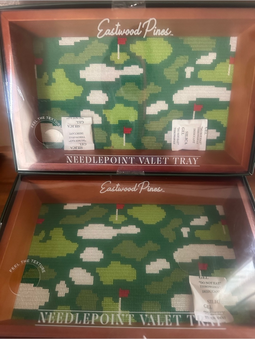 Eastwood Pines Needlepoint Valet Tray Golf - Wood Office Desk Set Of 2 New